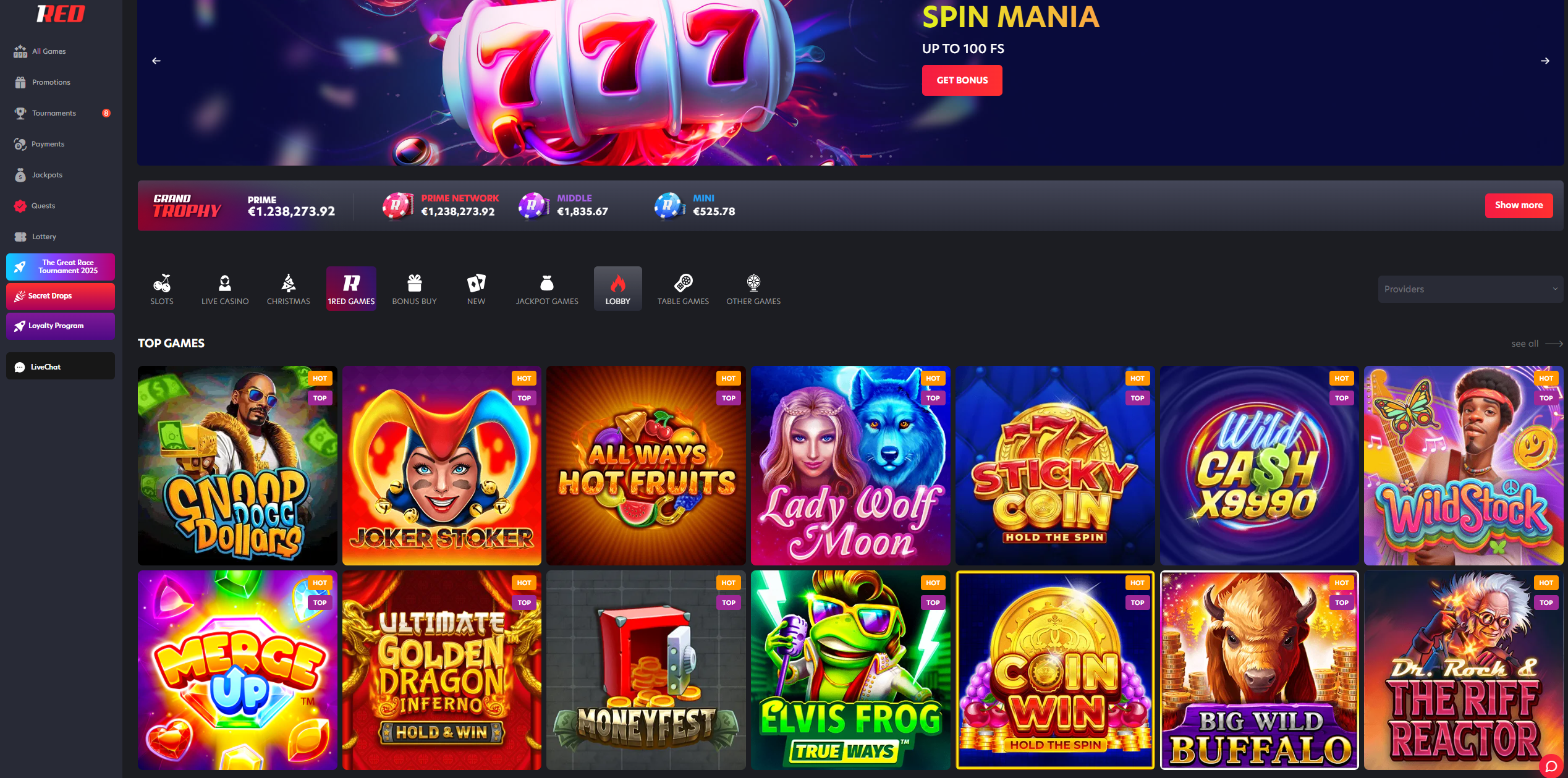 1RED Casino UK Home Page Interface