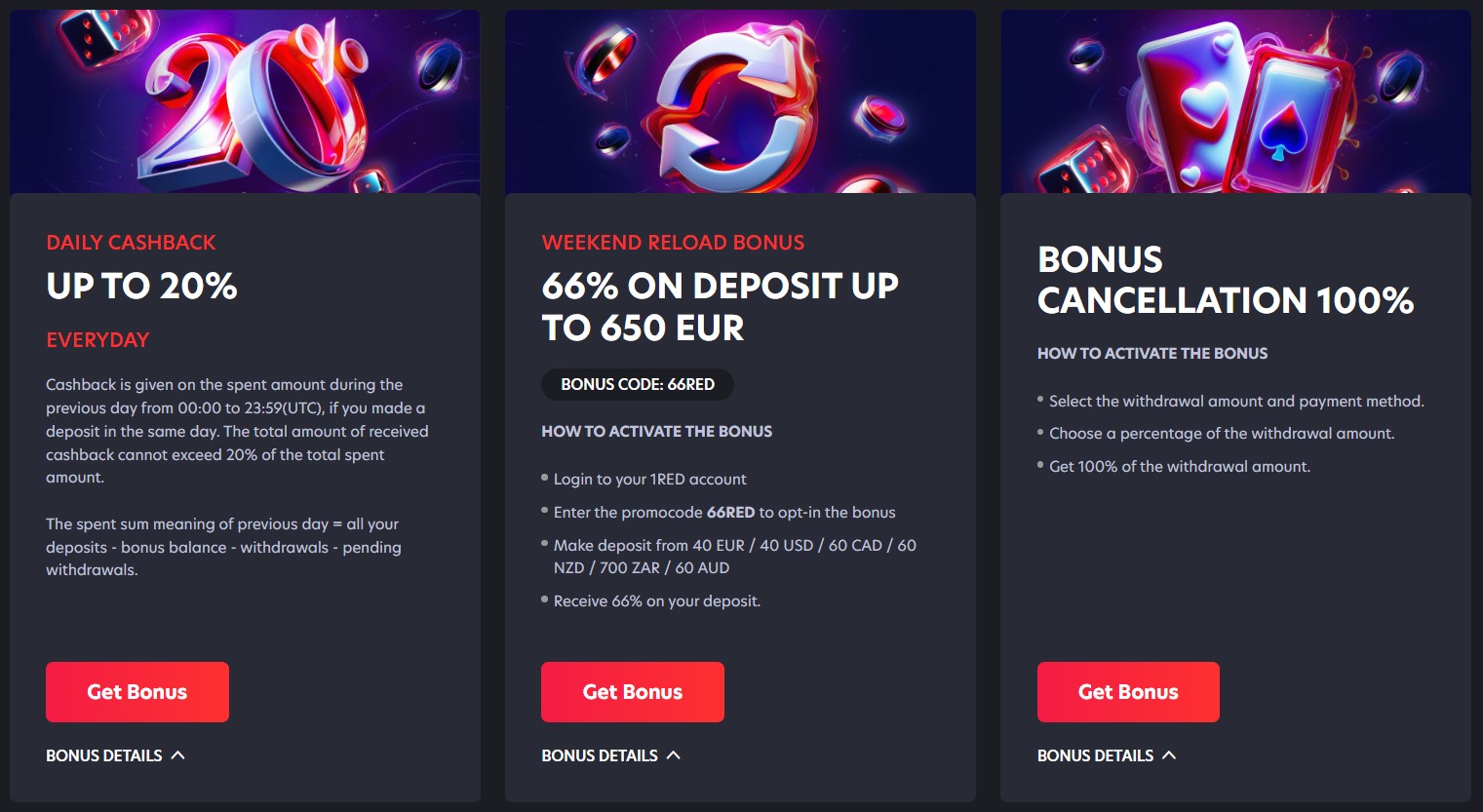 1RED Casino UK Weekly Bonus Offers