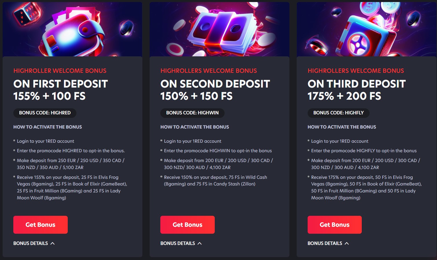 1RED Casino UK Welcome Bonuses